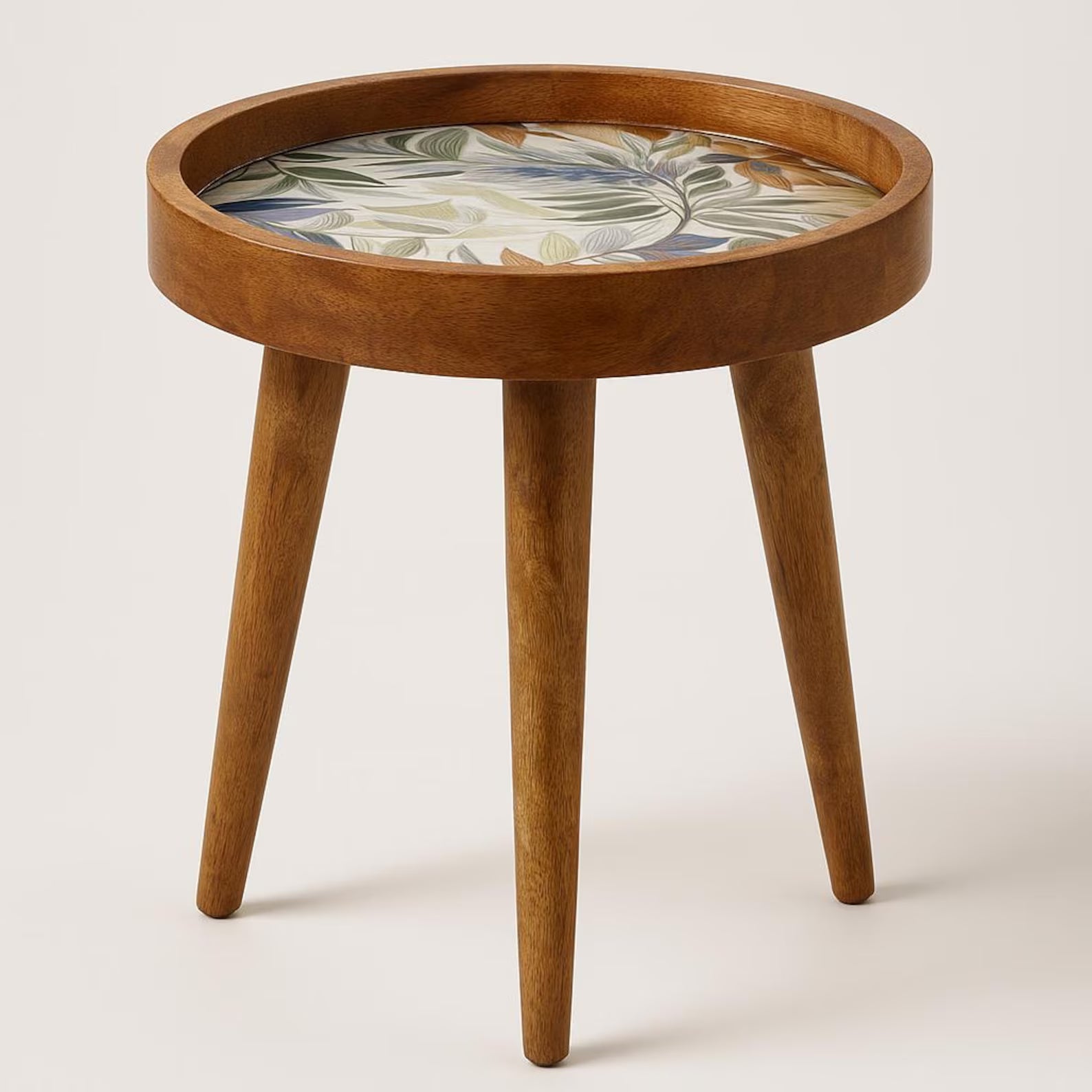 Handcrafted Mango Wood Floral Inlay Detachable Legs Side Table