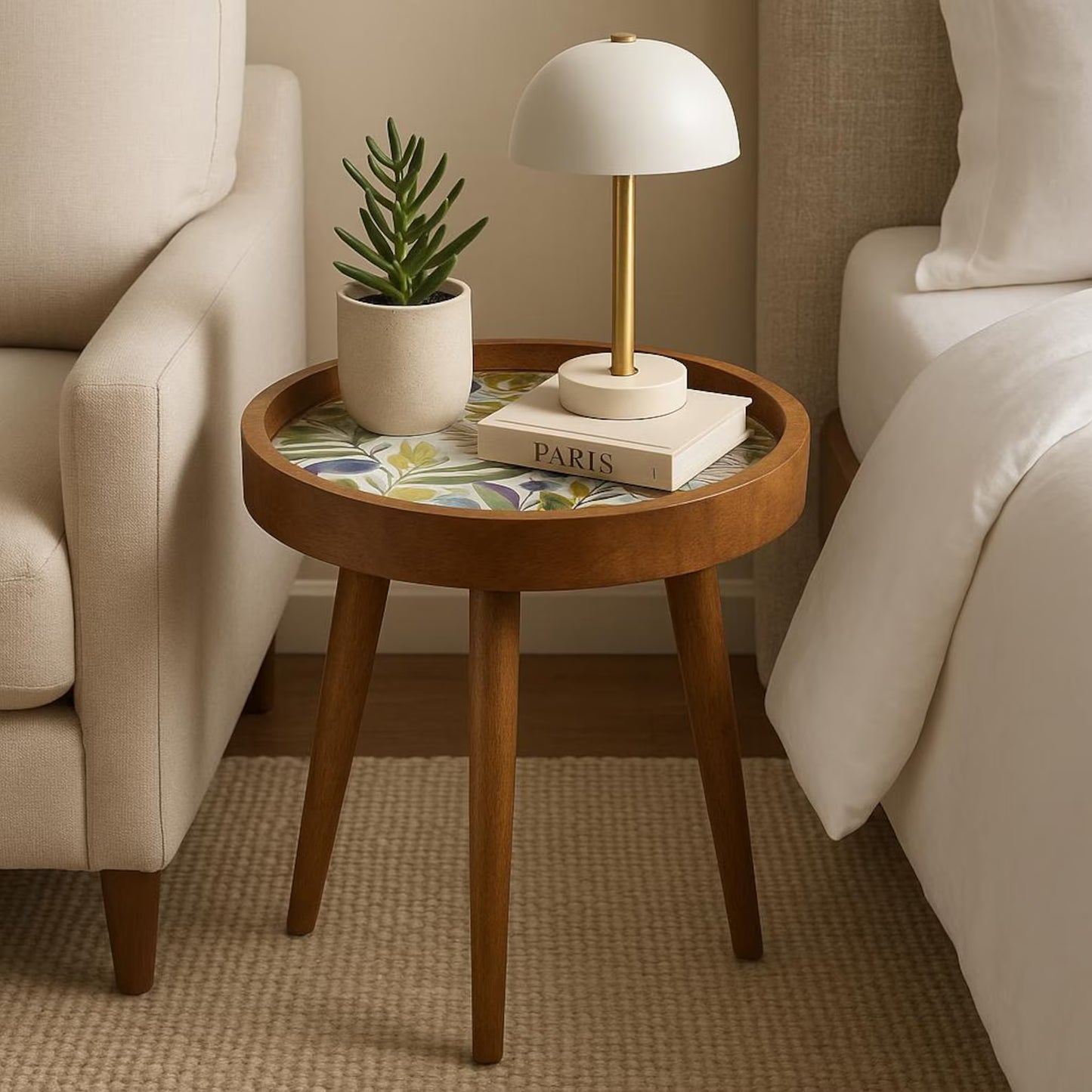 Handcrafted Mango Wood Floral Inlay Detachable Legs Side Table