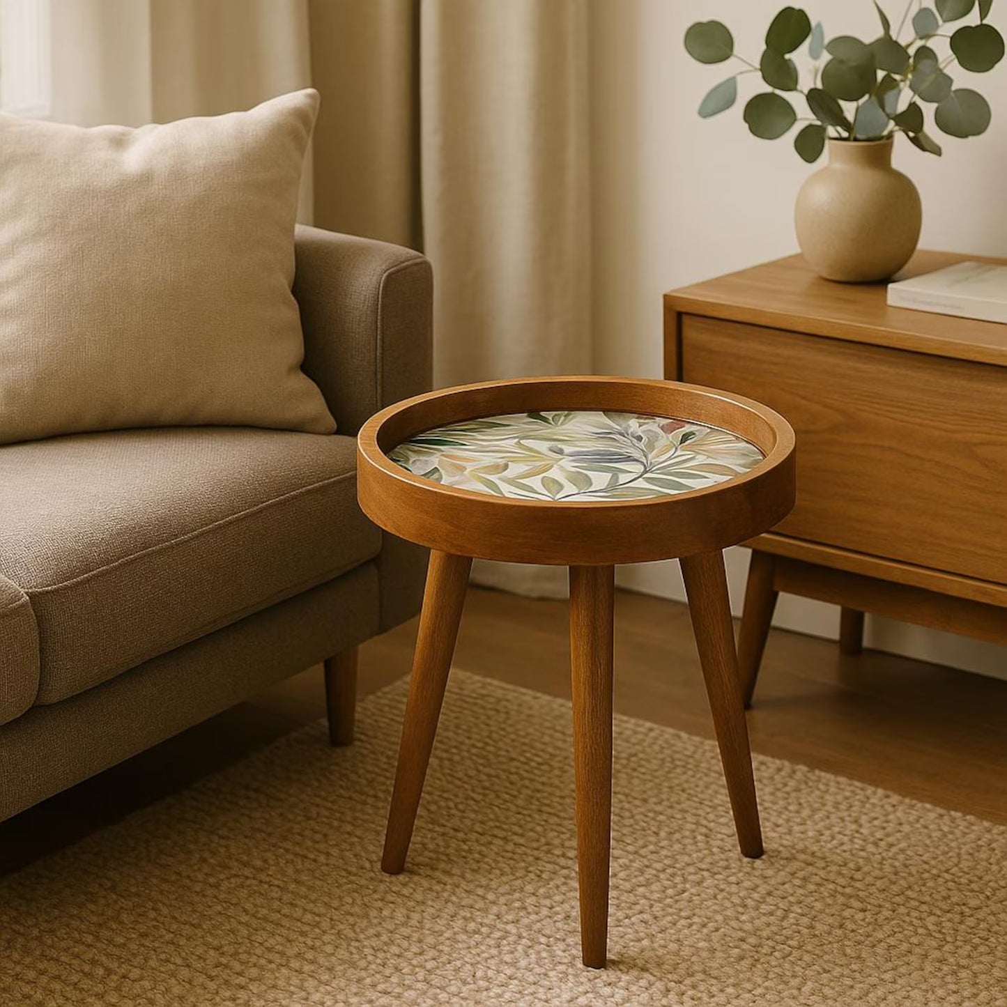 Handcrafted Mango Wood Floral Inlay Detachable Legs Side Table