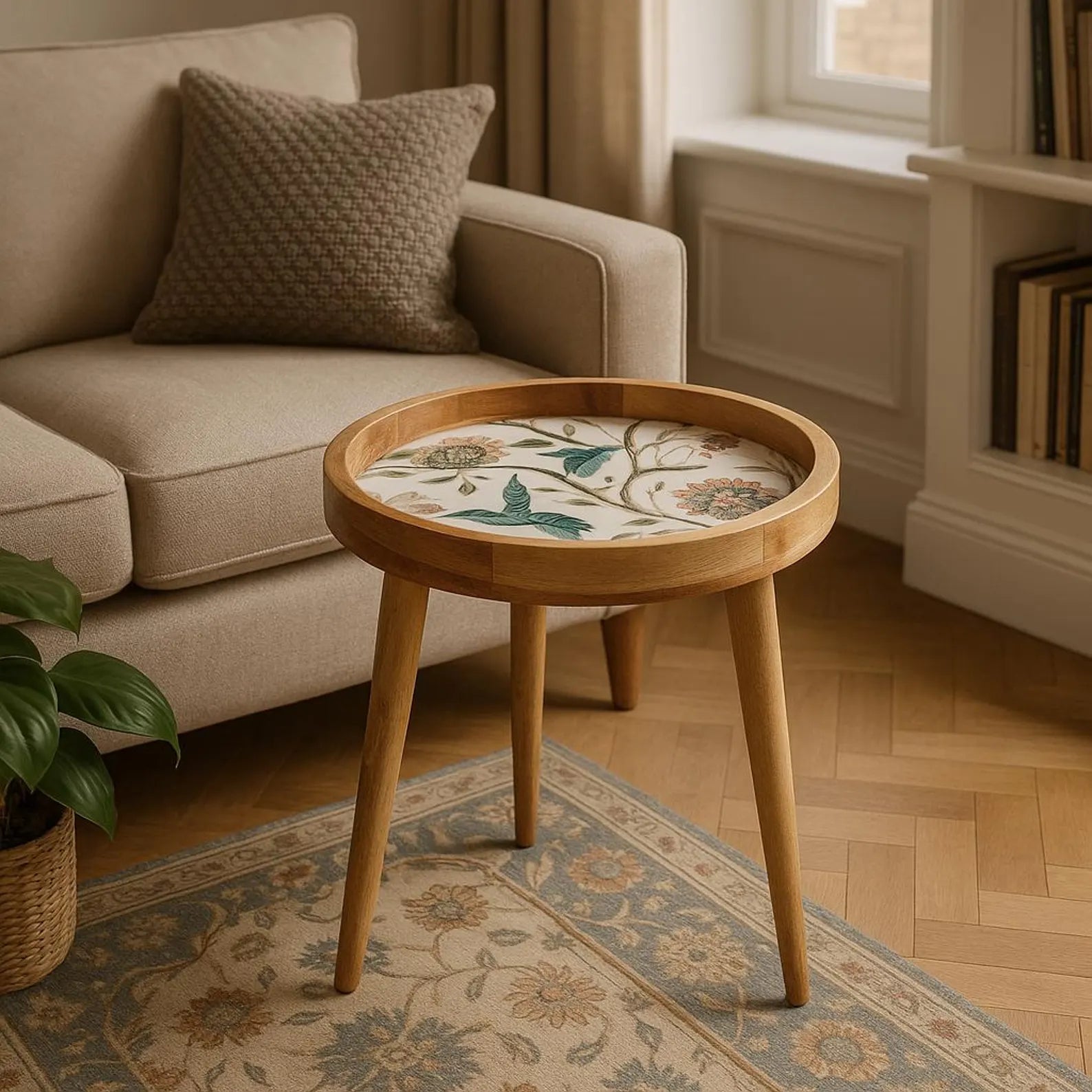 Wooden side table with floral design next to a beige sofa in a living room.