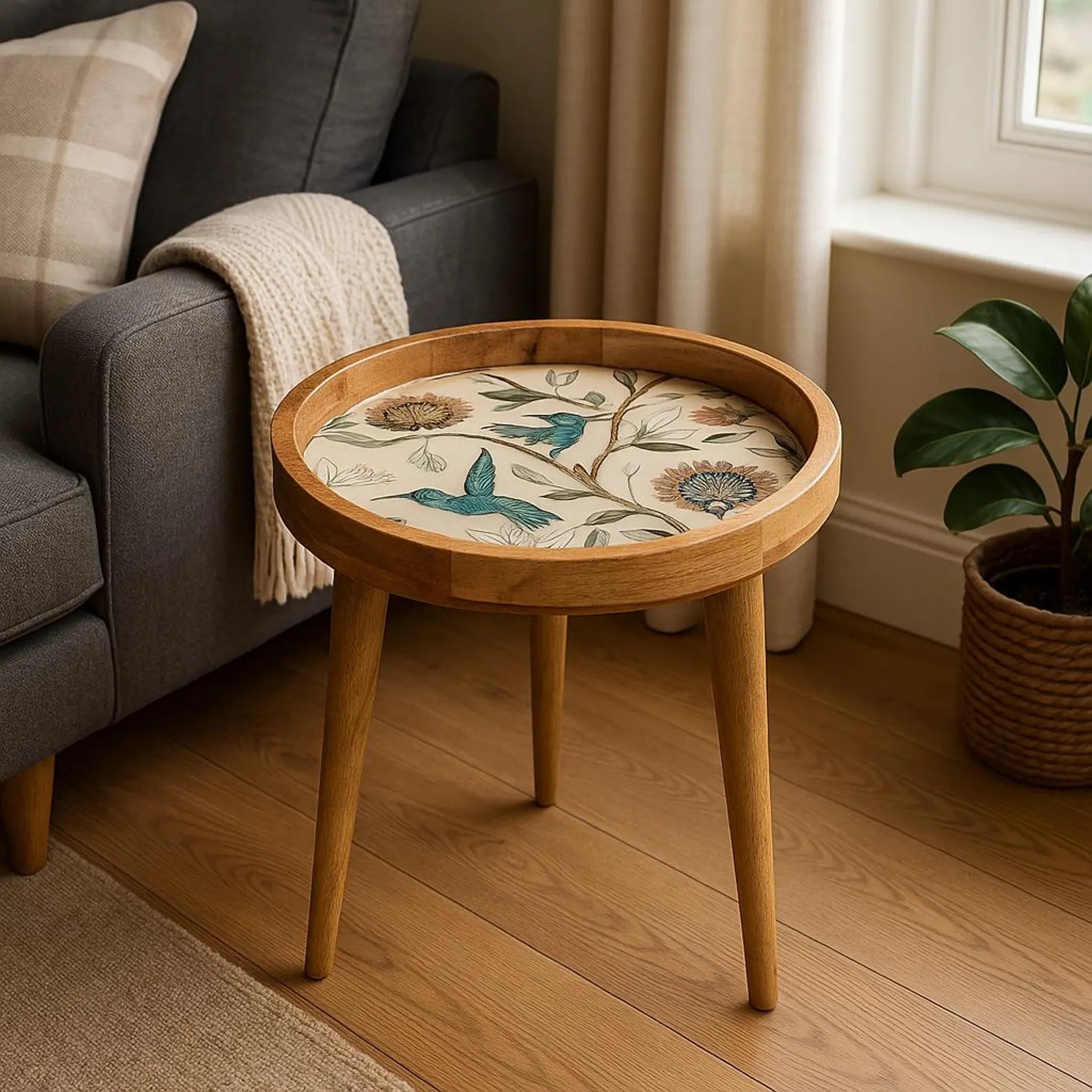 Wooden side table with floral cushion next to a gray sofa in a living room.