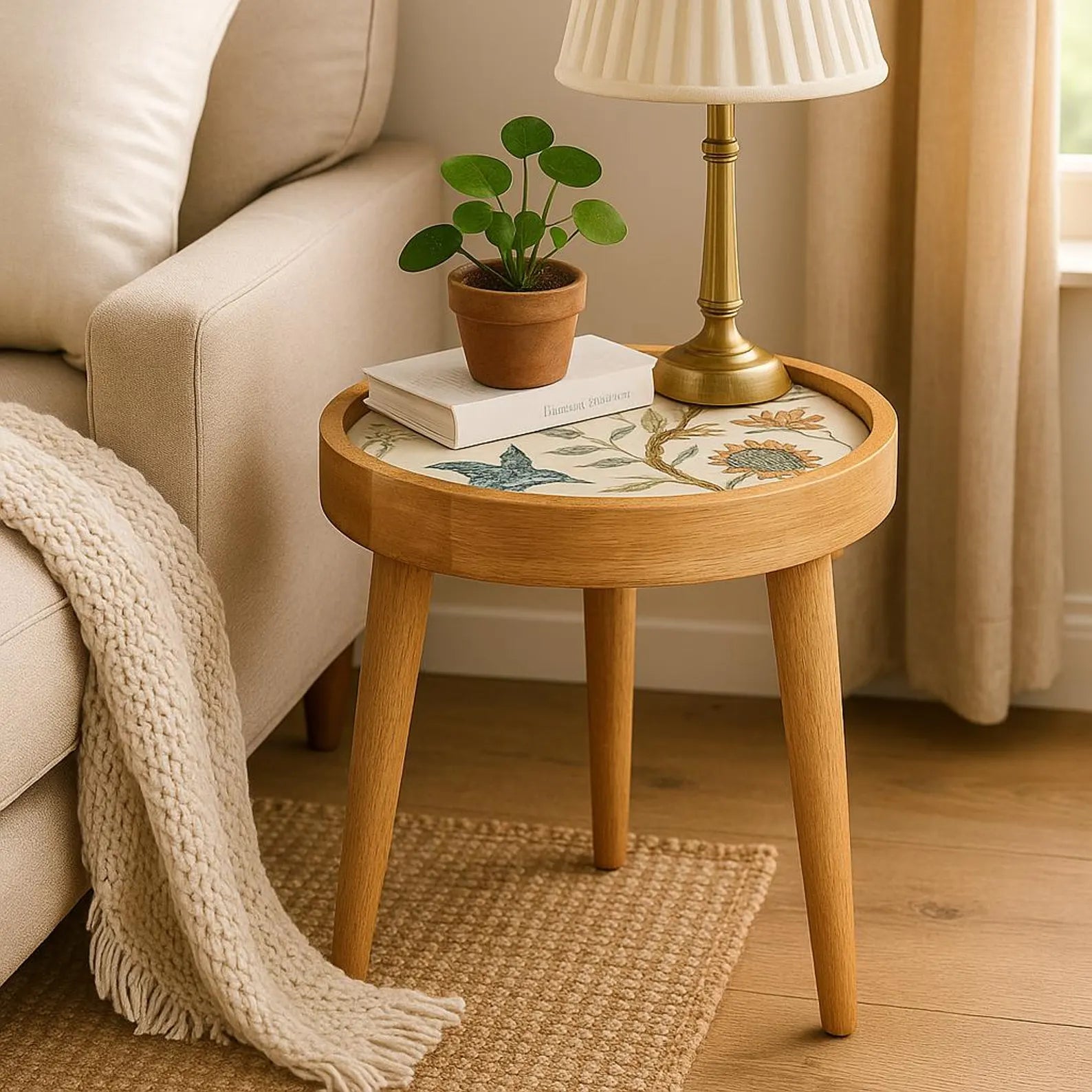 Wooden side table with lamp, books, and plant next to a beige sofa.