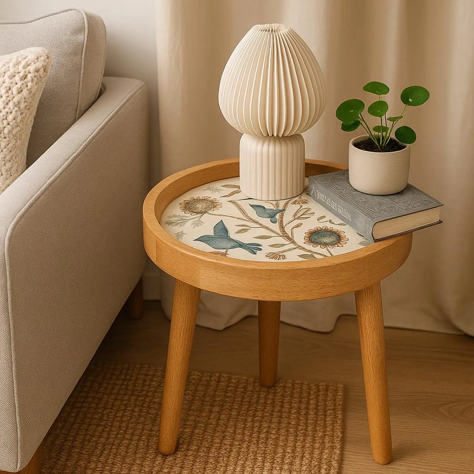 Round wooden Bedside table with decorative lamp, plant, and books in a living room setting.