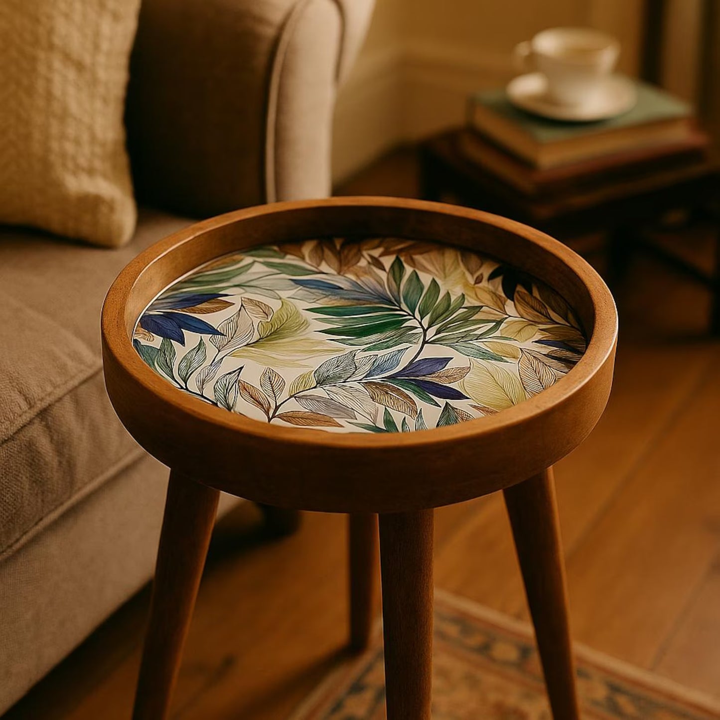 Handcrafted Mango Wood Floral Inlay Detachable Legs Side Table