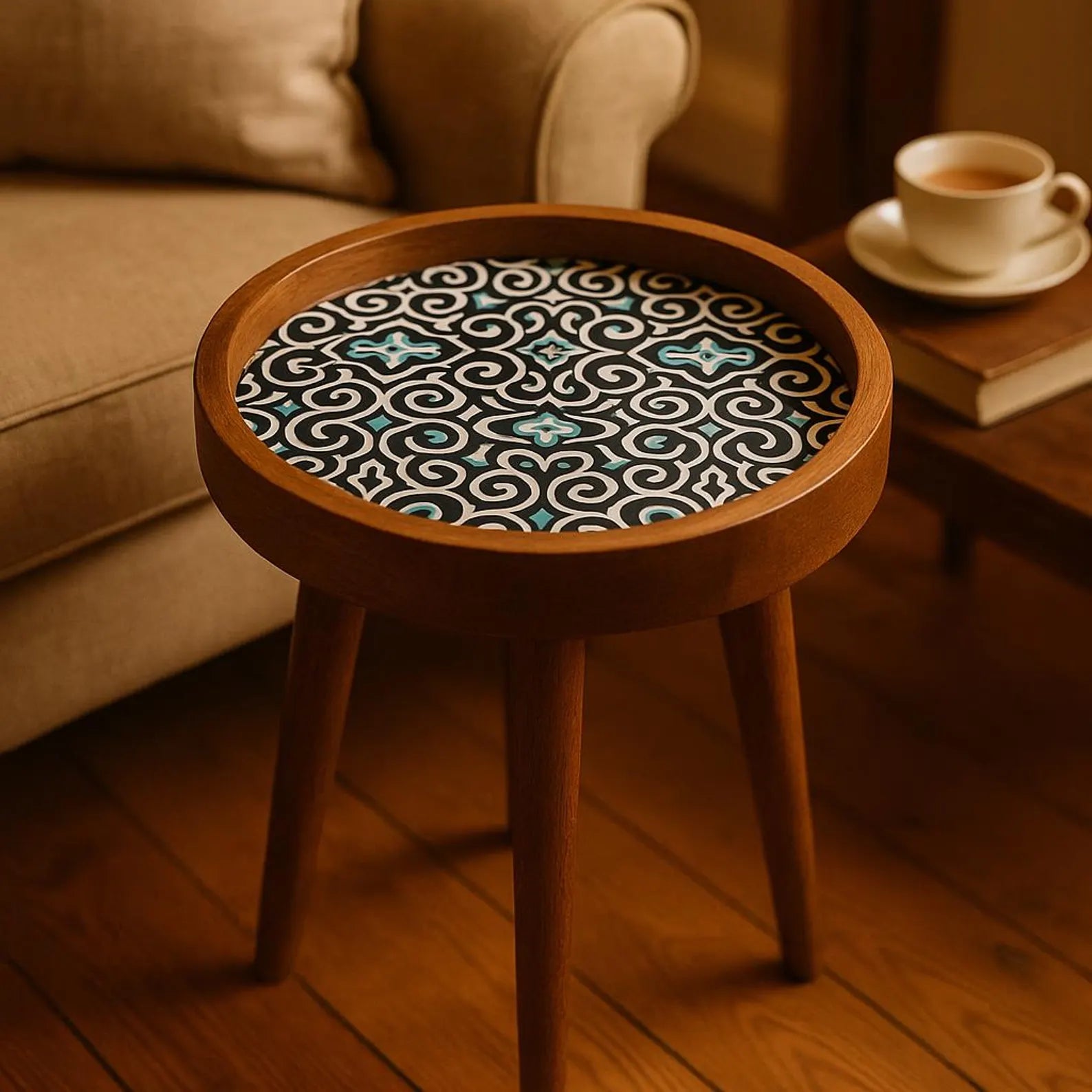 Round wooden side table with a patterned top in a cozy room setting.