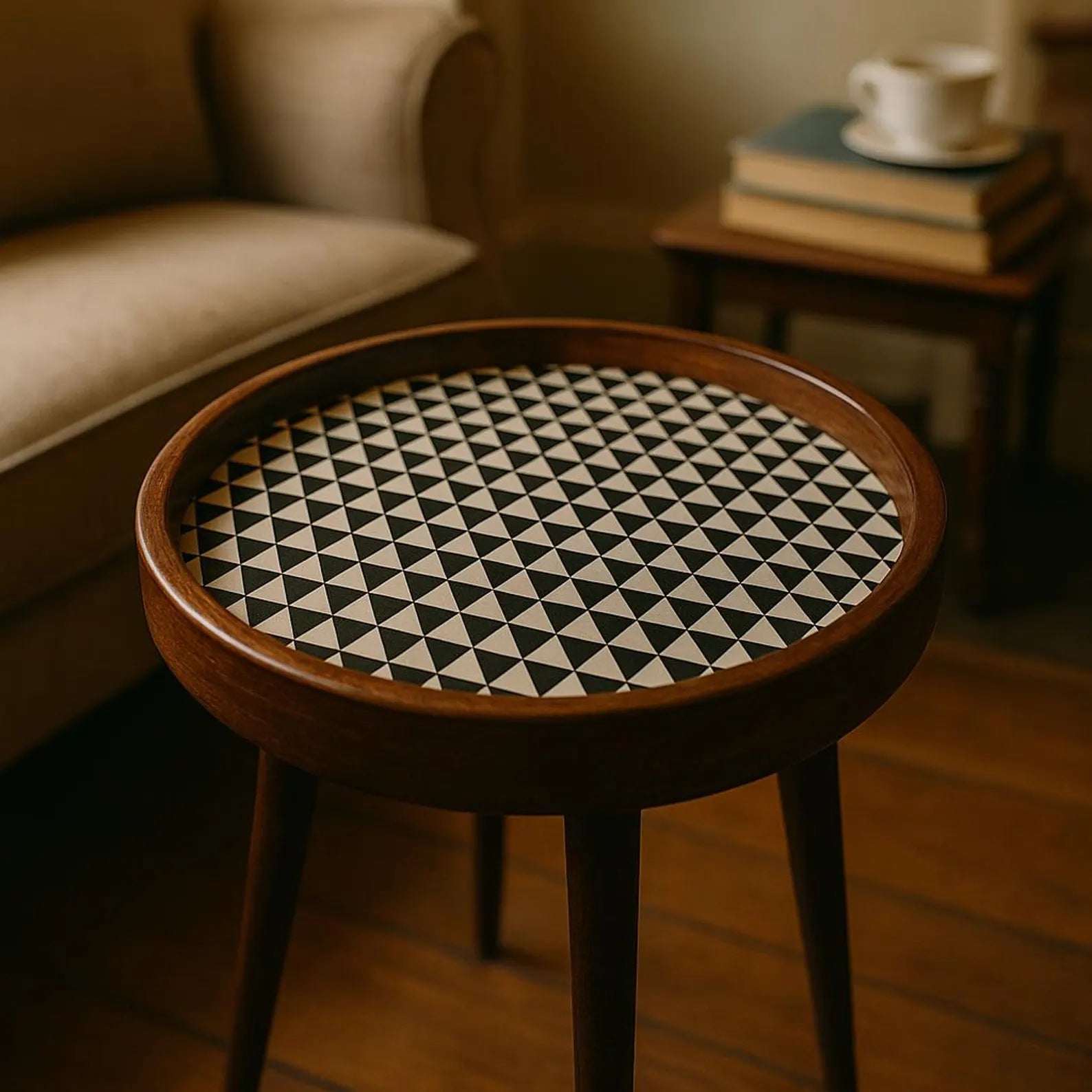 Handmade Side Table Solid Mango Wood Detachable Legs Geometric Elegance: Handcrafted Wooden Tray with Monochrome Optical Illusion Pattern