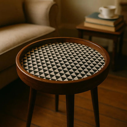 Handmade Side Table Solid Mango Wood Detachable Legs Geometric Elegance: Handcrafted Wooden Tray with Monochrome Optical Illusion Pattern
