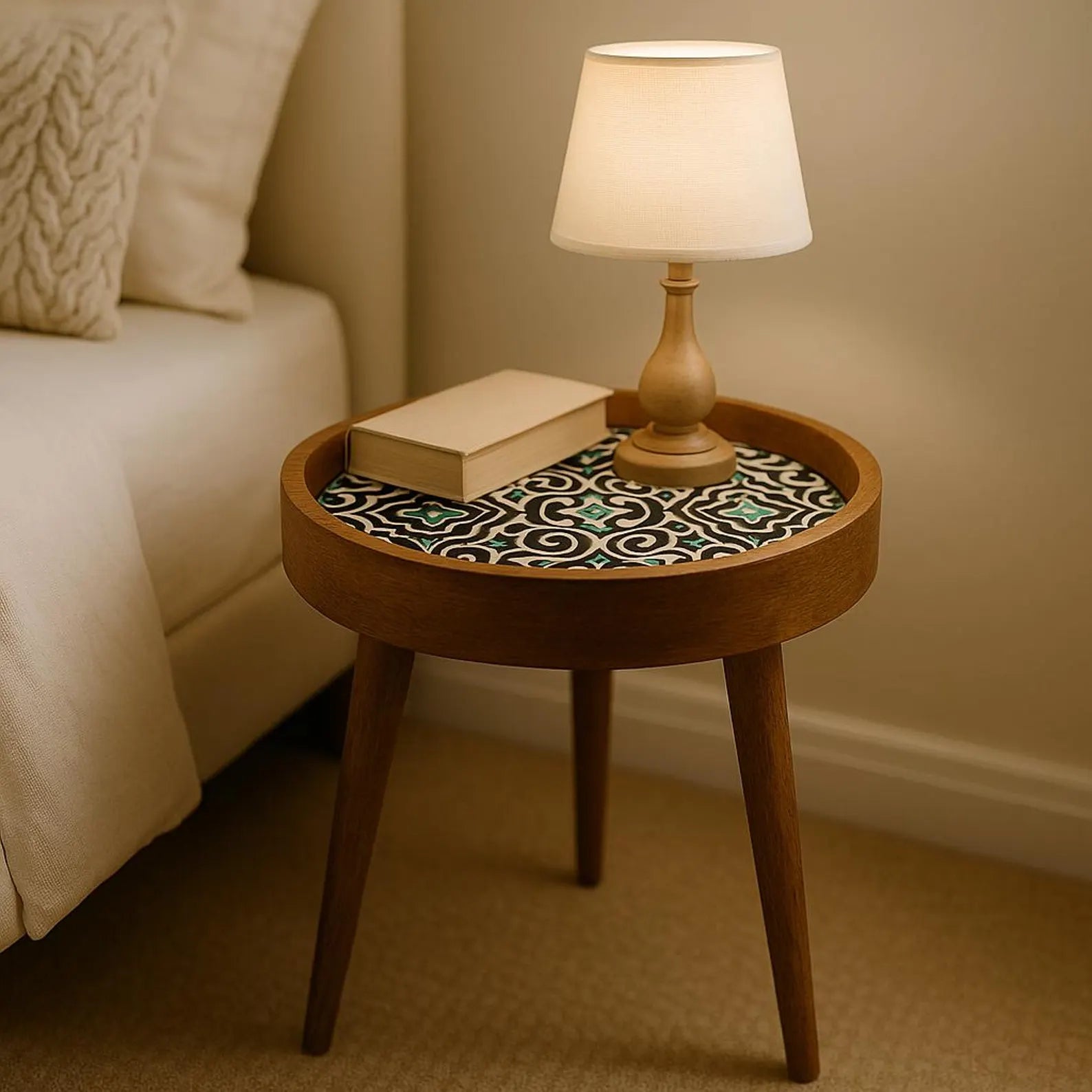 Wooden side table with decorative lamp and patterned tray next to a bed.