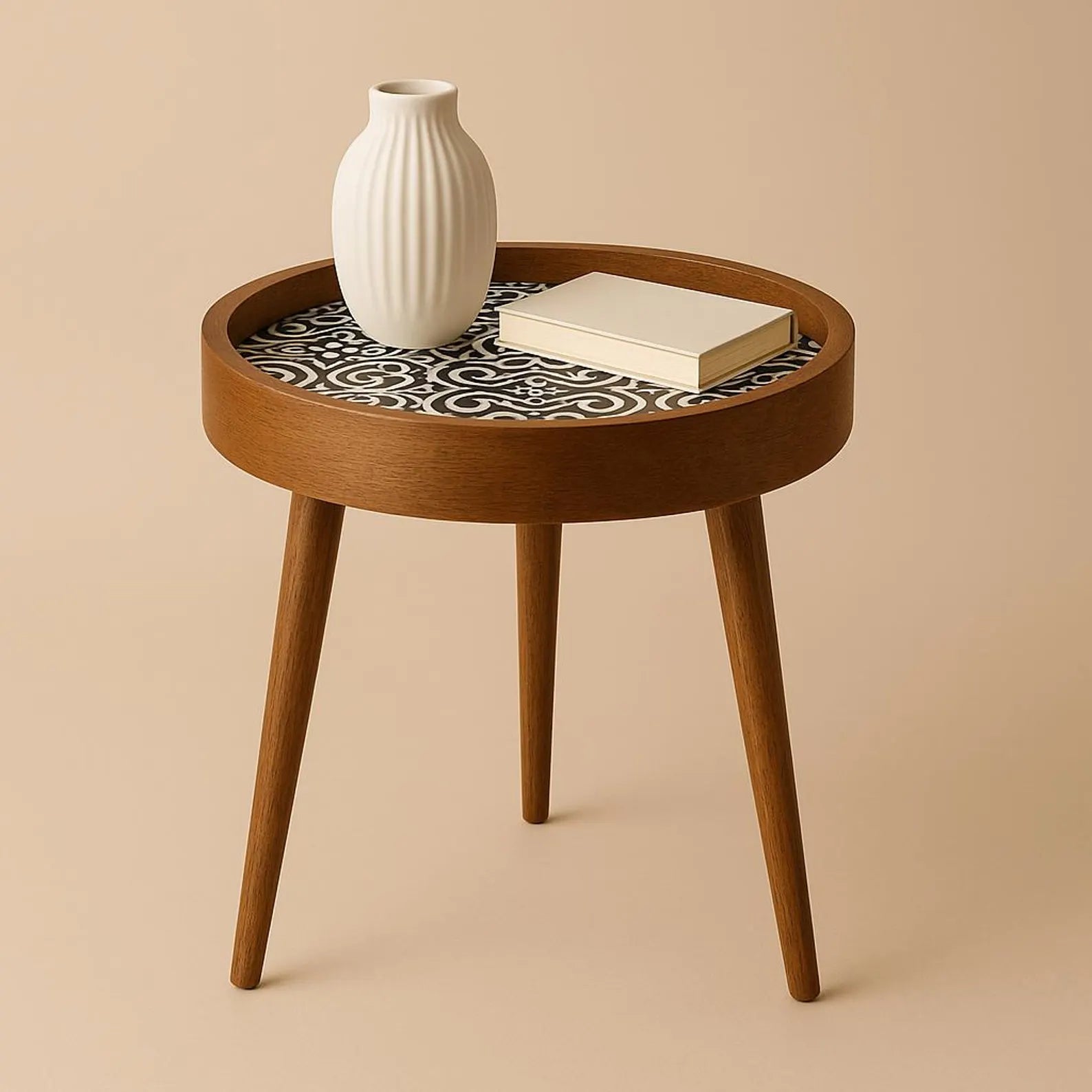 Wooden side table with a white vase and book on a beige background