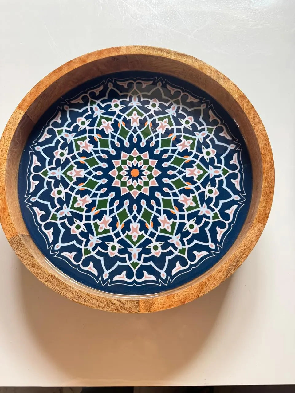 Handcrafted Wooden Blue Floral Round Resin Marrakesh side Table