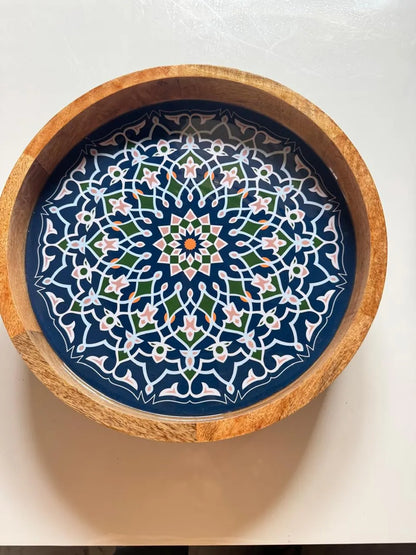 Handcrafted Wooden Blue Floral Round Resin Marrakesh side Table
