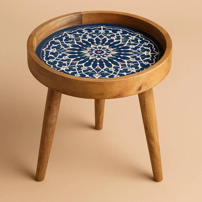 Handcrafted Wooden Blue Floral Round Resin Marrakesh side Table