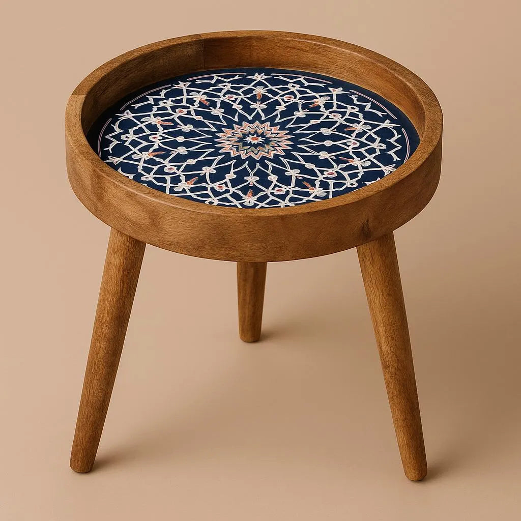Handcrafted Wooden Blue Floral Round Resin Marrakesh side Table