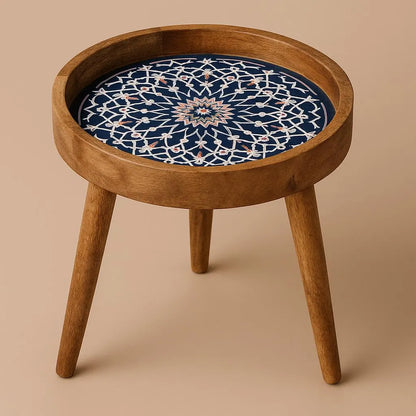 Handcrafted Wooden Blue Floral Round Resin Marrakesh side Table