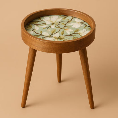 Round Handmade Mango Wood End Table with Ivory Bloom Design
