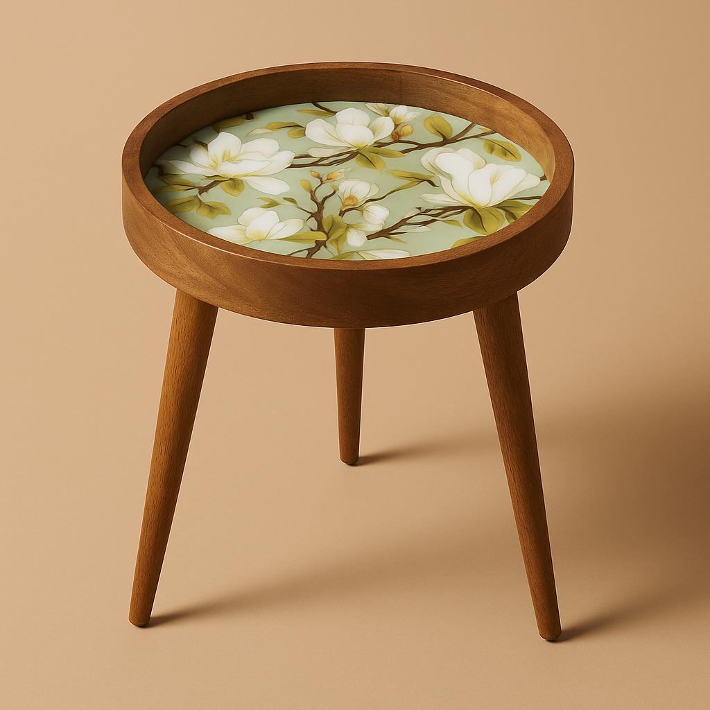 Round Handmade Mango Wood End Table with Ivory Bloom Design