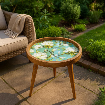 Round Handmade Mango Wood End Table with Ivory Bloom Design