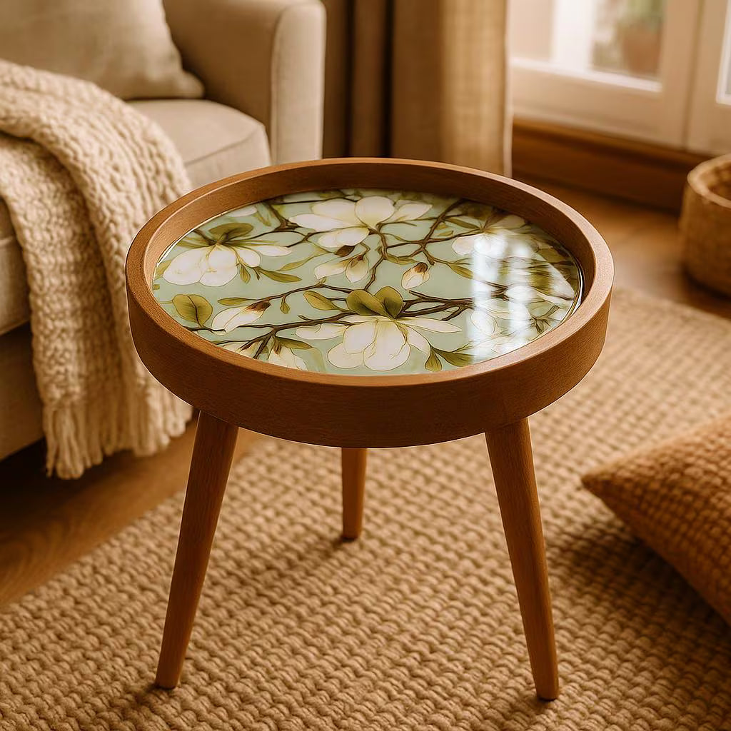 Round Handmade Mango Wood End Table with Ivory Bloom Design