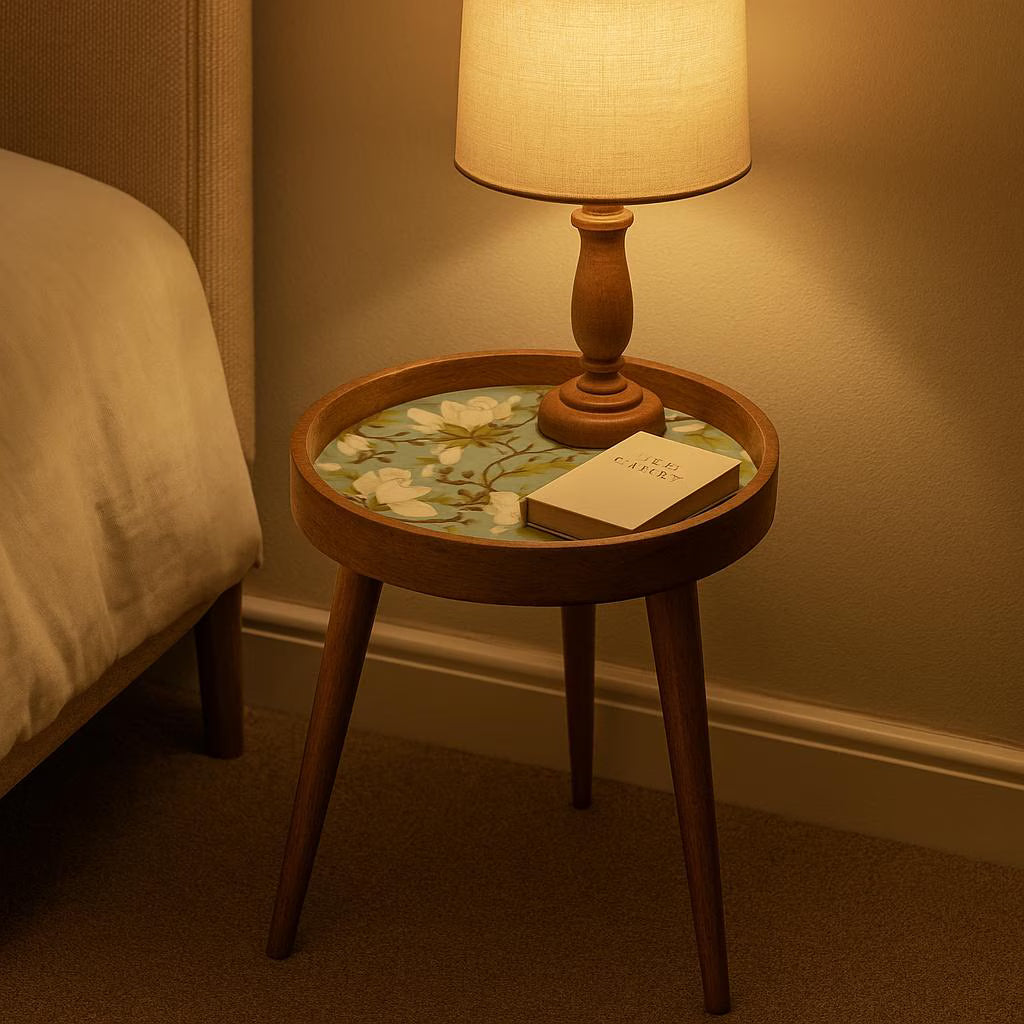 Round Handmade Mango Wood End Table with Ivory Bloom Design