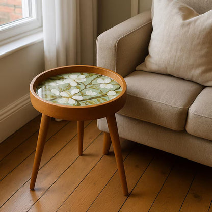 Round Handmade Mango Wood End Table with Ivory Bloom Design