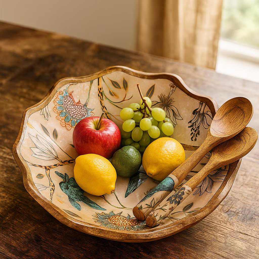 Handmade Wooden Bowl with Hummingbird Design