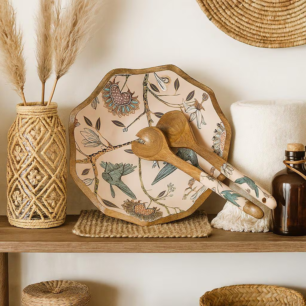 Handmade Wooden Bowl with Hummingbird Design