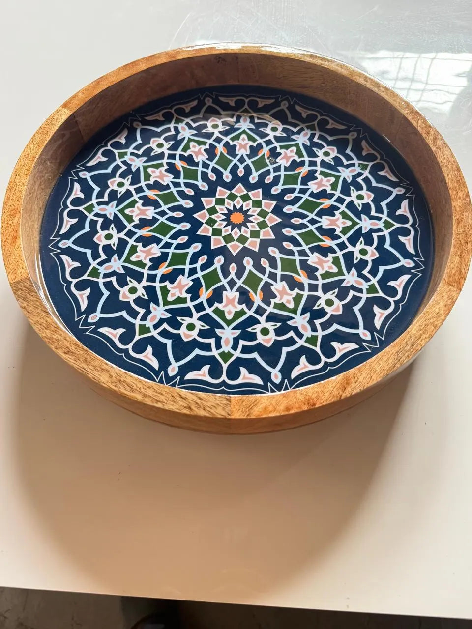 Handcrafted Wooden Blue Floral Round Resin Marrakesh side Table