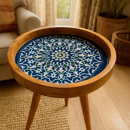 Handcrafted Wooden Blue Floral Round Resin Marrakesh side Table