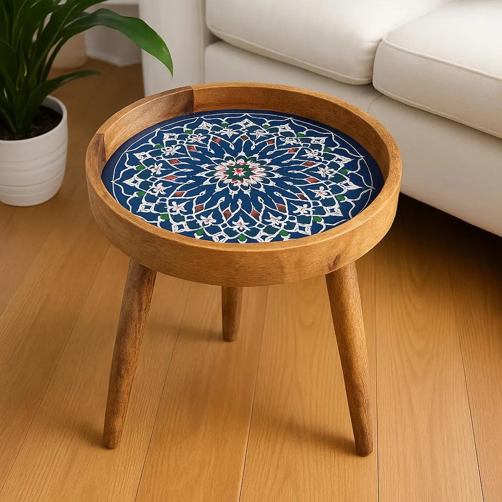 Handcrafted Wooden Blue Floral Round Resin Marrakesh side Table