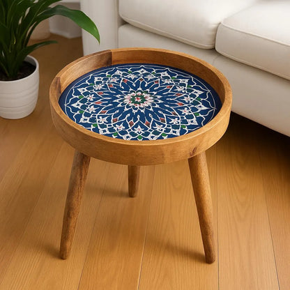 Handcrafted Wooden Blue Floral Round Resin Marrakesh side Table