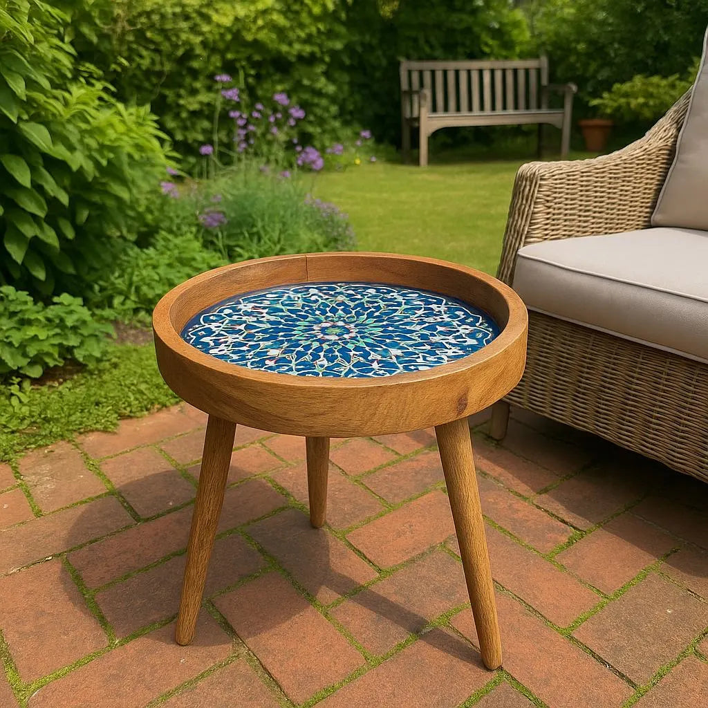 Handcrafted Wooden Blue Floral Round Resin Marrakesh side Table
