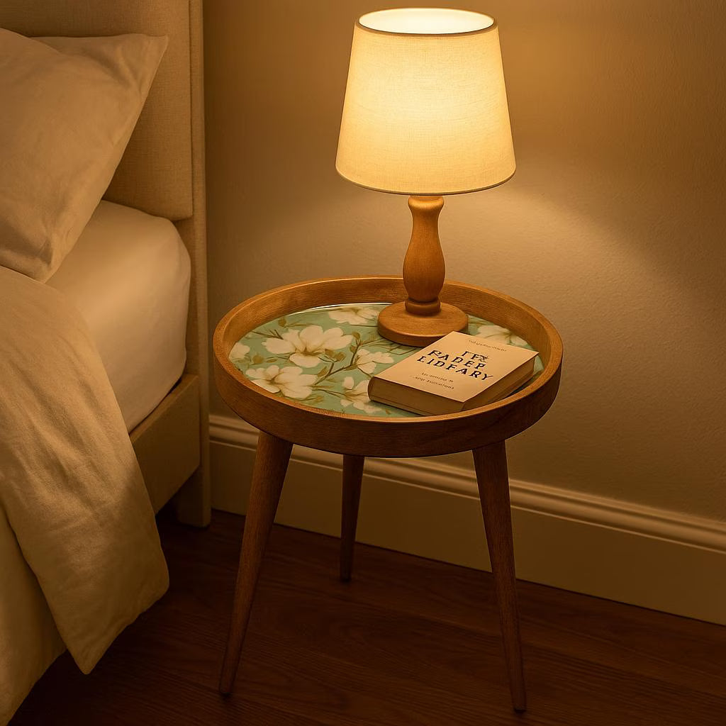 Round Handmade Mango Wood End Table with Ivory Bloom Design