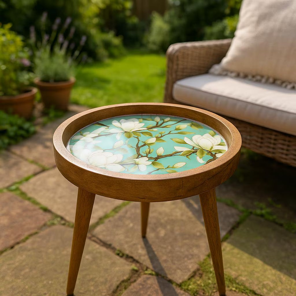 Round Handmade Mango Wood End Table with Ivory Bloom Design