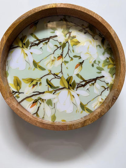 Round Handmade Mango Wood End Table with Ivory Bloom Design