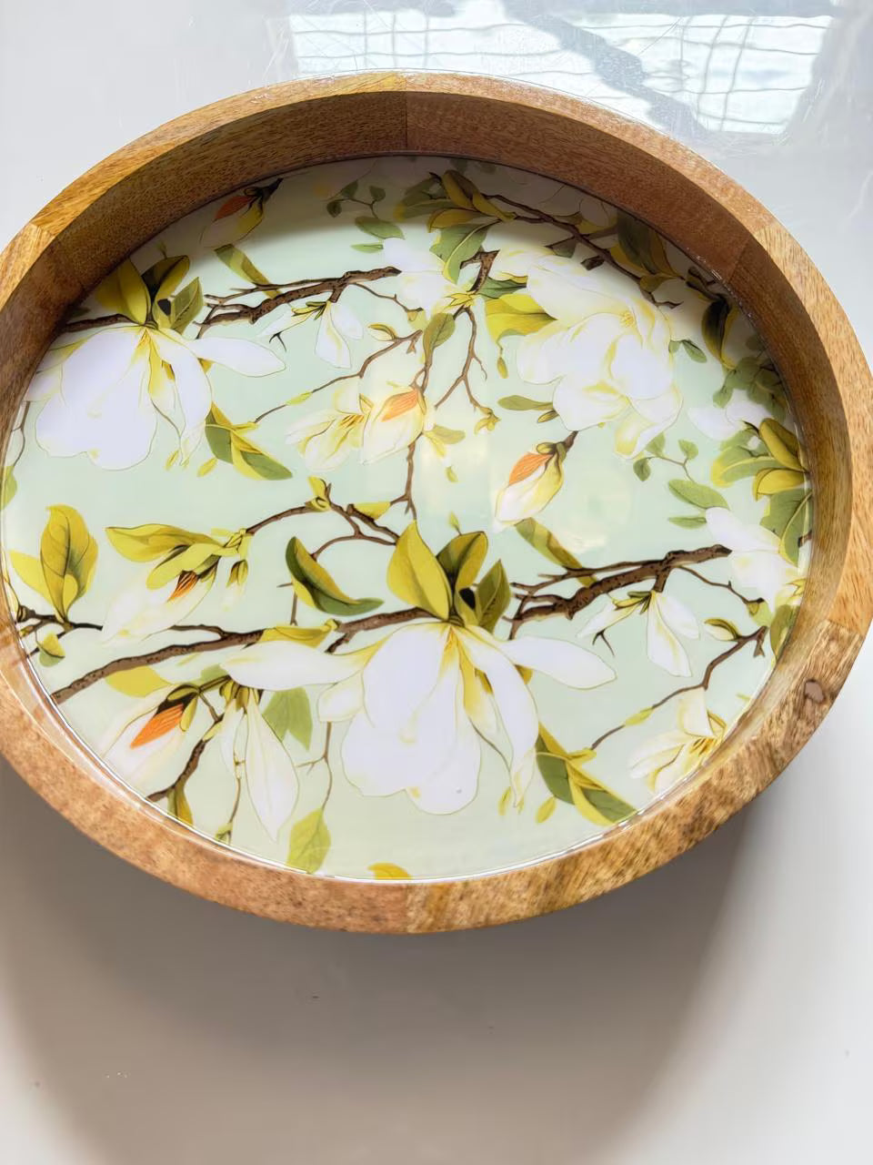 Round Handmade Mango Wood End Table with Ivory Bloom Design