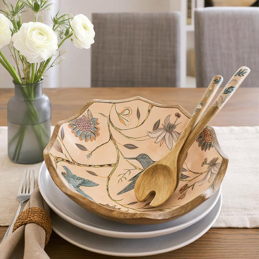 Handmade Wooden Bowl with Hummingbird Design