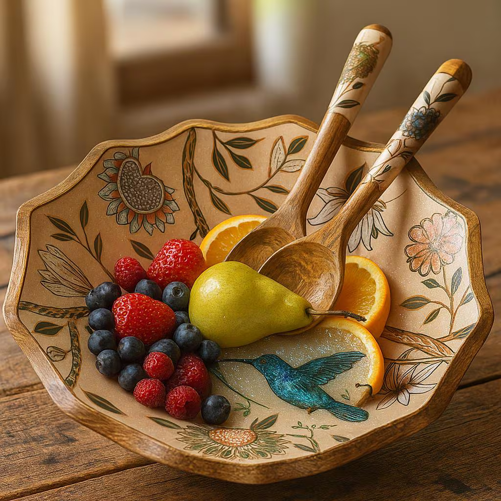 Handmade Wooden Bowl with Hummingbird Design