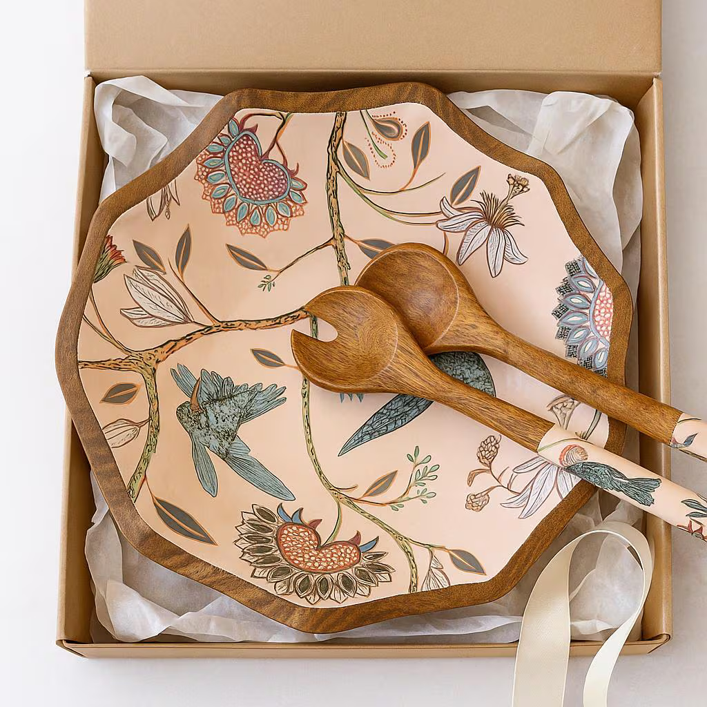 Handmade Wooden Bowl with Hummingbird Design