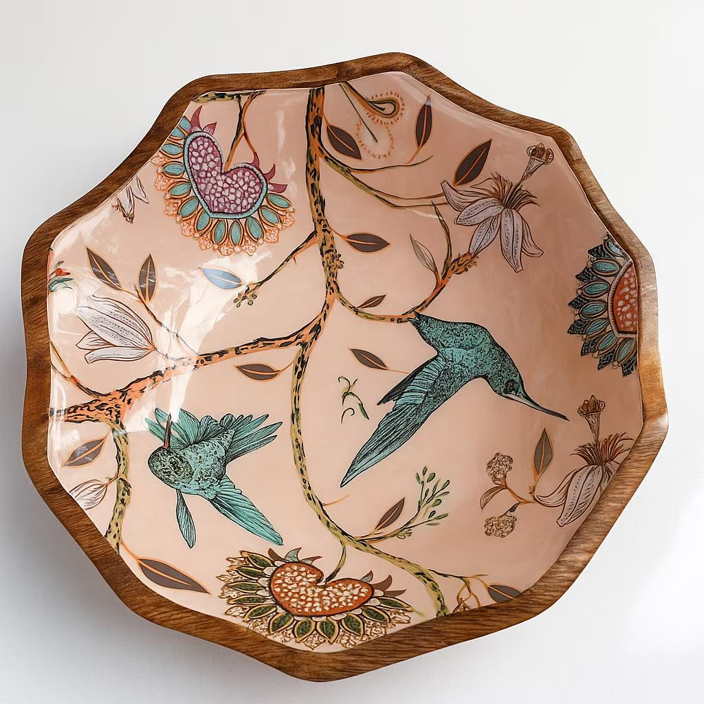Handmade Wooden Bowl with Hummingbird Design