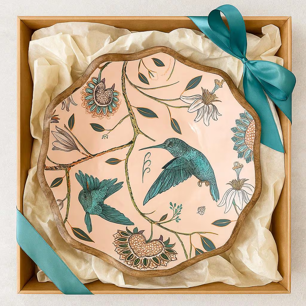 Handmade Wooden Bowl with Hummingbird Design